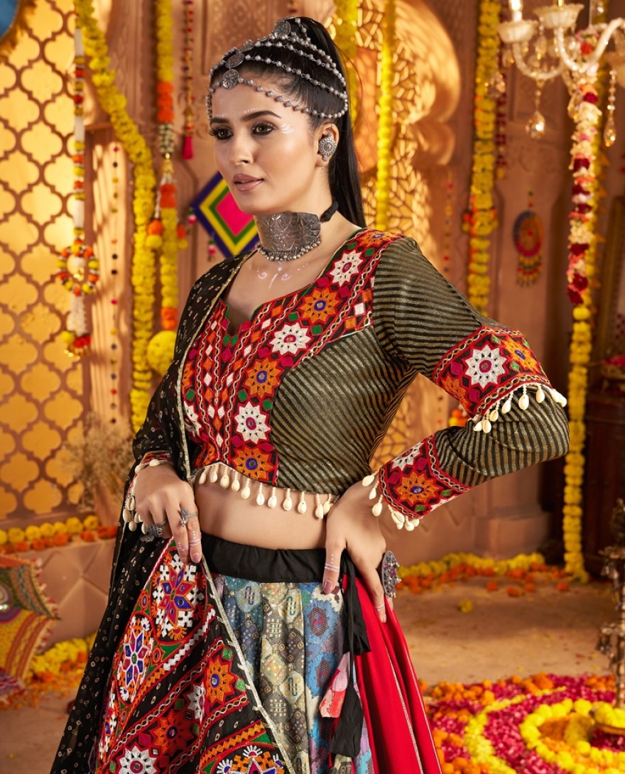 11002 - Regal Black Thread Embroidered Viscose Navratri Wear Lehenga Choli